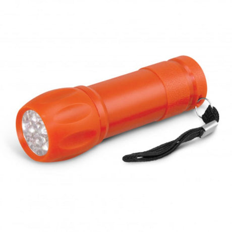 Set of 24 orange compact torches with nine bright LEDs and woven straps, perfect for outdoor adventures and emergencies.