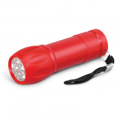 Compact red LED torch set of 24, featuring nine bright LEDs, woven straps, and powered by included AAA batteries.