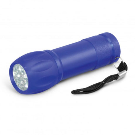 Set of 24 compact dark blue flashlights with 9 LEDs, ergonomic design, and woven straps for easy carrying.
