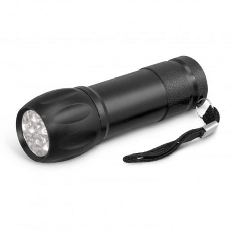 Compact black torch set of 24 with nine LEDs, ideal for camping and emergencies, powered by included AAA batteries.