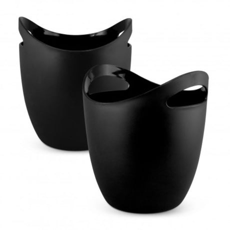 Set of 3 sleek frosted black ice buckets with curved design and handles, perfect for stylish entertaining.