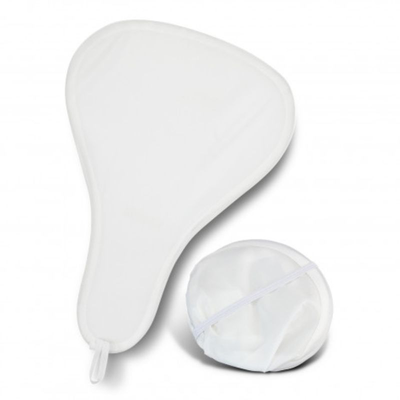Foldable white fans set of 12, lightweight and portable for outdoor events, featuring a compact design and elastic loop for secure storage.