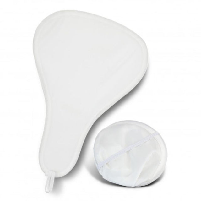 Foldable white fans set of 12, lightweight and portable for outdoor events, featuring a compact design and elastic loop for secure storage.