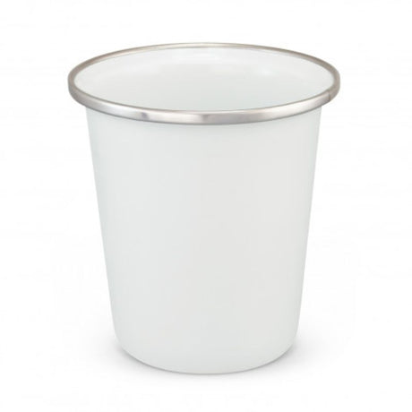 Set of 6 durable white enamel tumblers, 230ml, ideal for outdoor activities like camping and picnics.