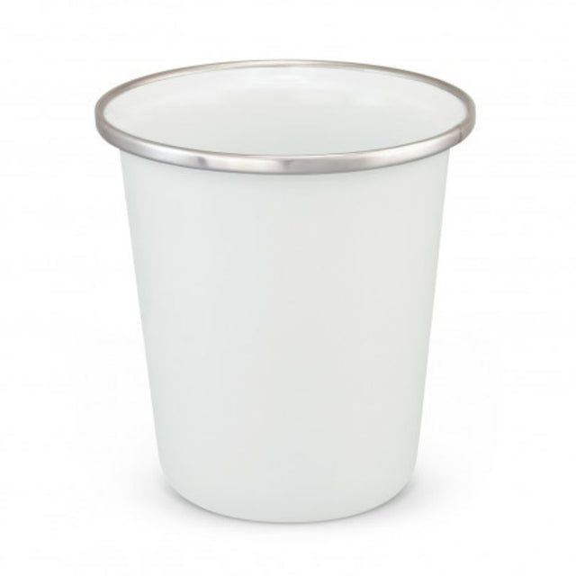 Set of 6 durable white enamel tumblers, 230ml, ideal for outdoor activities like camping and picnics.