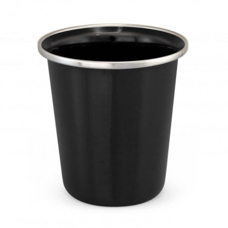 Set of 6 black enamel tumblers, 9.6cm tall, durable and stylish for outdoor use, perfect for hot or cold beverages.