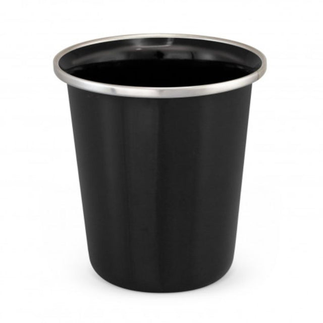 Set of 6 black enamel tumblers, 9.6cm tall, durable and stylish for outdoor use, perfect for hot or cold beverages.