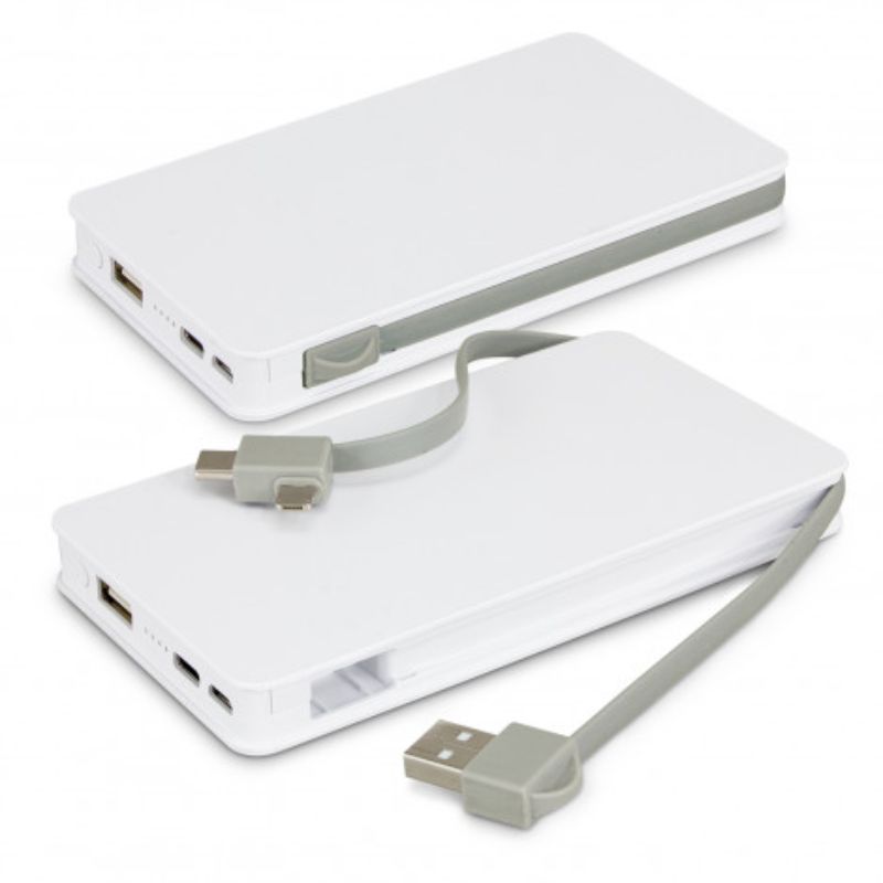Wireless Charging Power Bank Jarvis 10k in white, featuring 10,000mAh, dual charging, and sleek wraparound cable design.