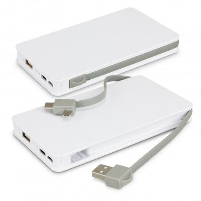 Wireless Charging Power Bank Jarvis 10k in white, featuring 10,000mAh, dual charging, and sleek wraparound cable design.