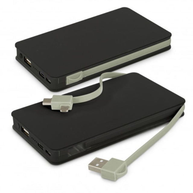 Sleek black Jarvis 10k wireless power bank, 10,000mAh, charges two devices, includes wraparound Type-C and dual connectors.