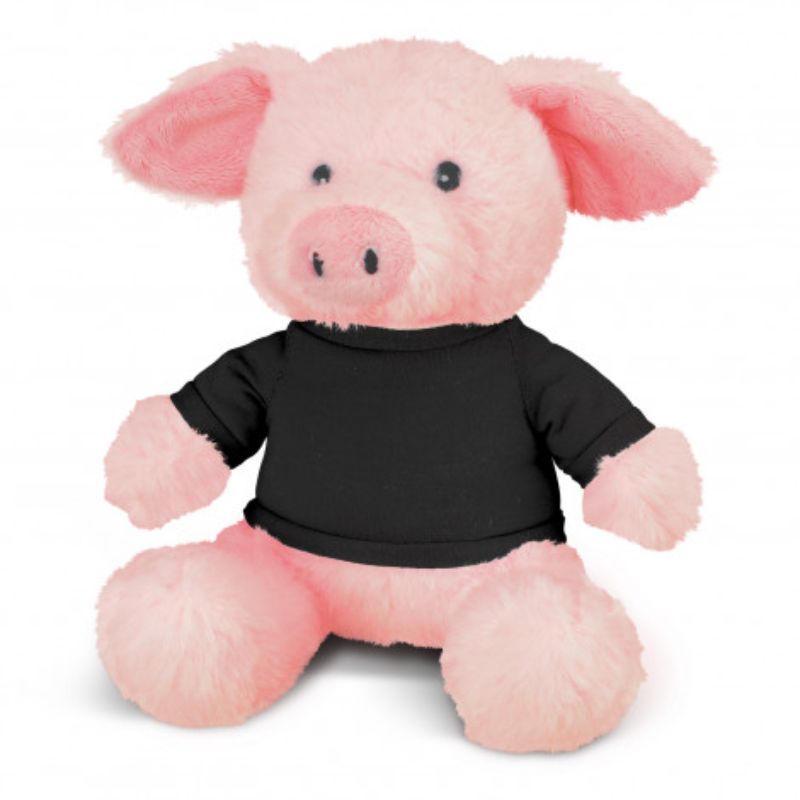 Set of 3 cute plush pigs in pink with trendy black t-shirts, perfect for cuddling, decoration, or gifting.