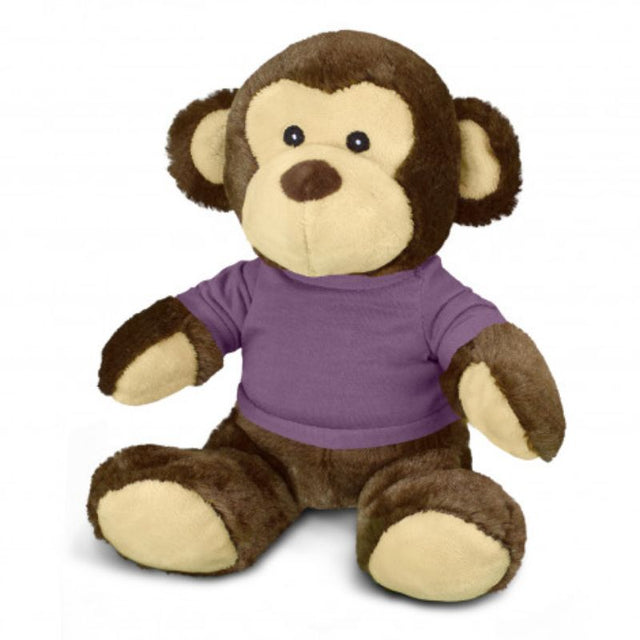 Three cuddly purple t-shirt monkeys with brown and cream fur, perfect for gifting or cuddling. Ideal for kids' rooms.