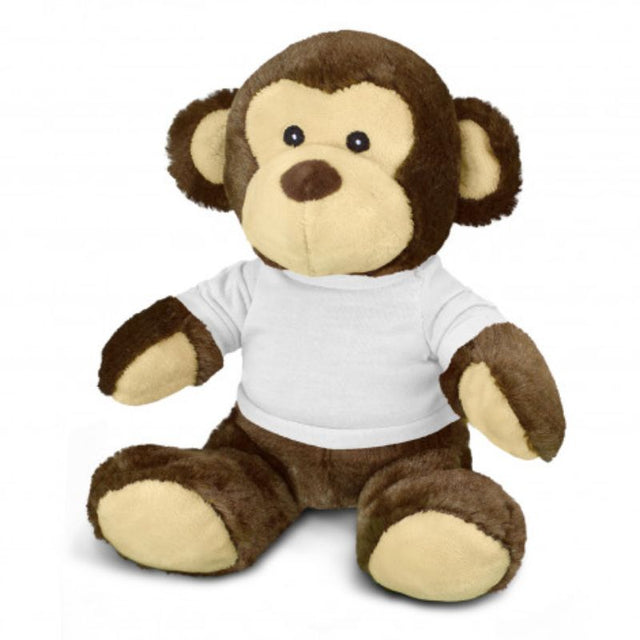 Set of 3 soft brown and cream monkey plush toys in white t-shirts, perfect for cuddling and imaginative play.