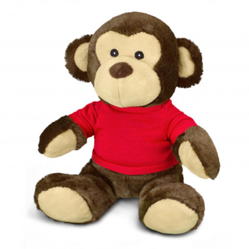 Set of 3 cuddly red-t-shirt-wearing monkey plush toys, perfect for playtime and decor, made from soft, high-quality materials.