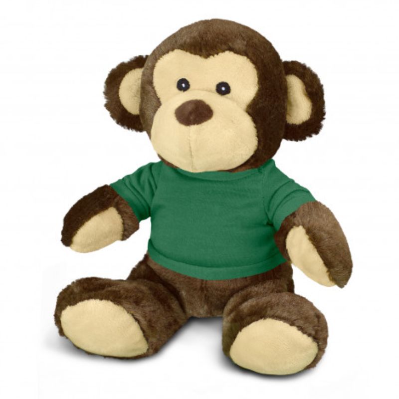 Set of 3 dark green plush monkey toys, soft and cuddly, dressed in stylish t-shirts, perfect for kids and imaginative play.