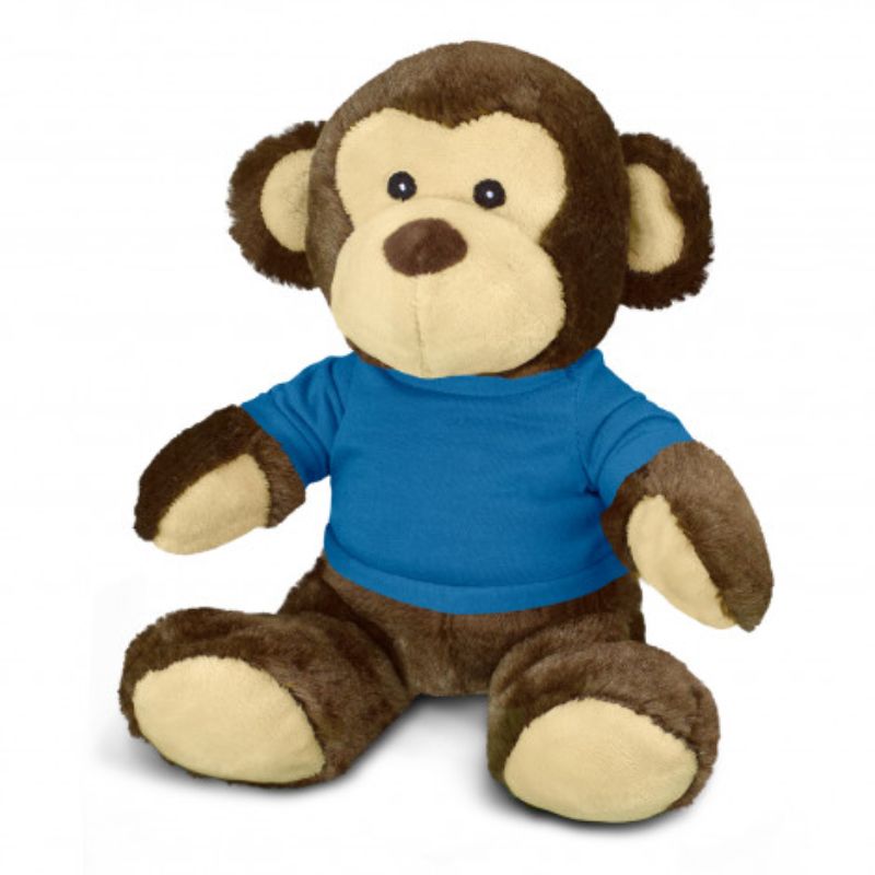 Set of 3 soft plush monkeys in dark blue t-shirts, ideal for cuddling and imaginative play for kids.
