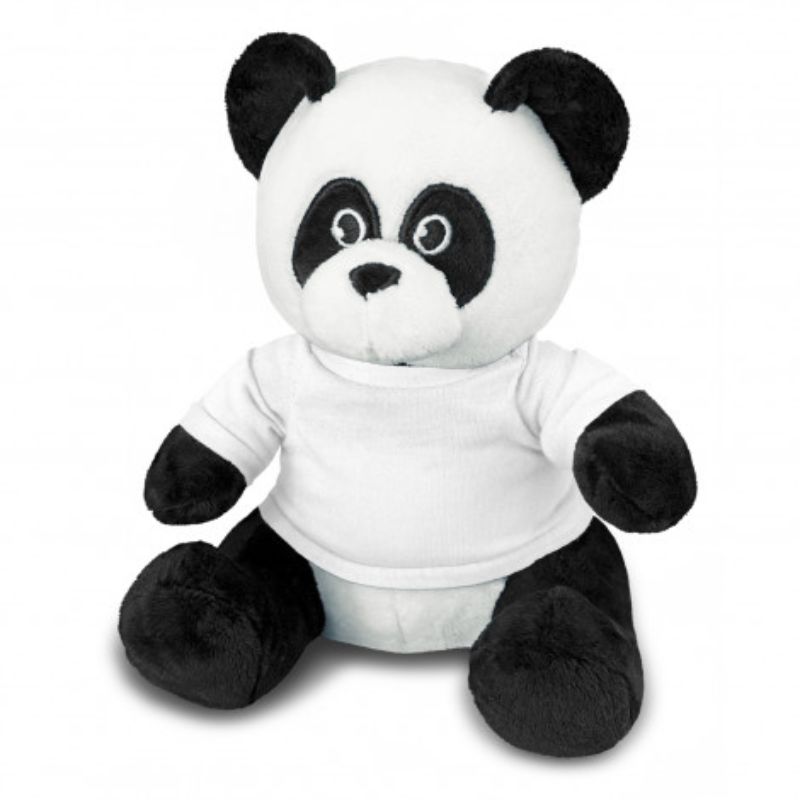Set of 3 soft black and white panda plush toys in cute t-shirts, perfect for cuddling and imaginative play.