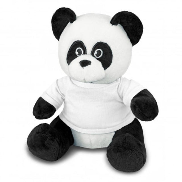Set of 3 soft black and white panda plush toys in cute t-shirts, perfect for cuddling and imaginative play.
