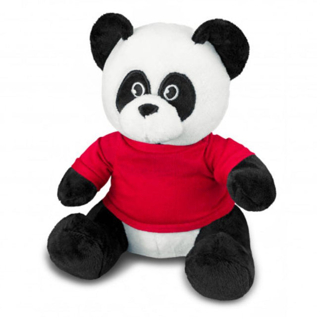 Set of 3 soft panda plush toys in black, white, and red t-shirts, perfect for cuddling and playtime adventures.