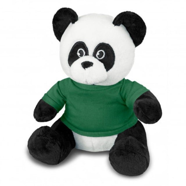 Set of 3 adorable panda plush toys in black, white, and dark green t-shirt, perfect for cuddles and decoration.