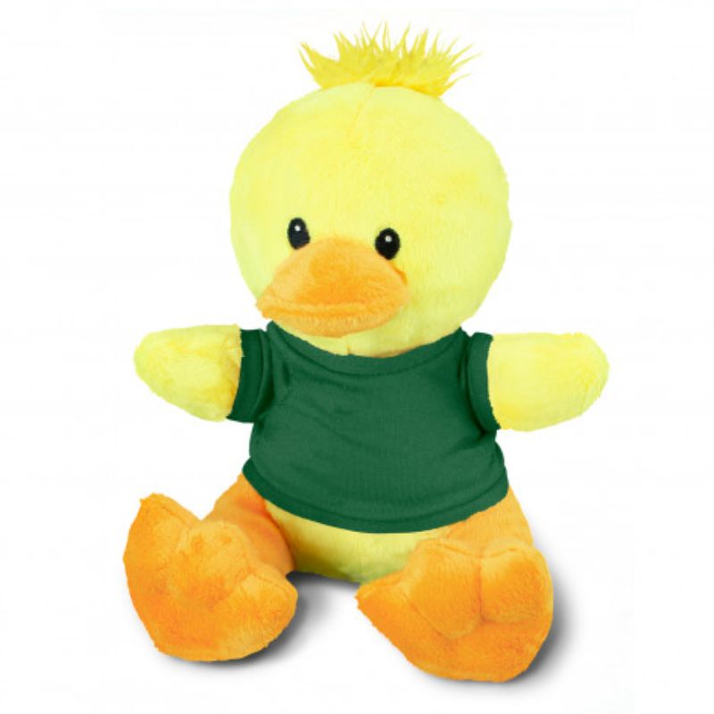 Set of 3 colorful plush ducks in yellow, orange, and dark green, perfect for cuddling and playtime.