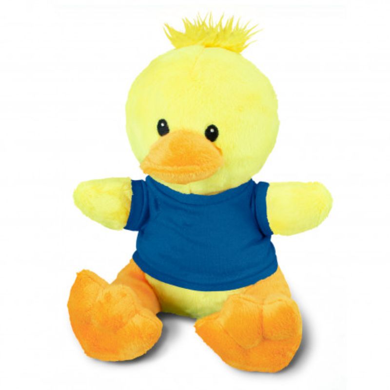 Cute plush ducks in yellow, orange, and dark blue, perfect for cuddling or decor, measuring 220mm seated. Set of three.