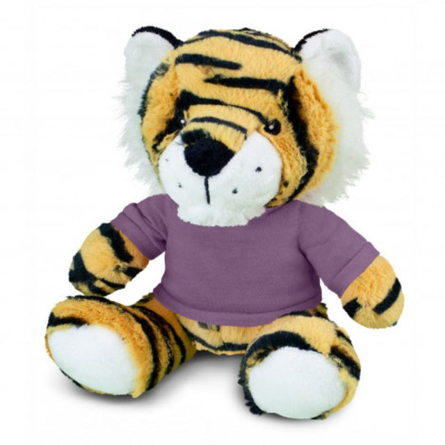 Set of 3 plush tiger toys in orange, black, and purple t-shirts, perfect for cuddling and imaginative play.