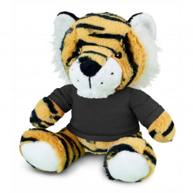 Set of 3 soft orange and black tiger plush toys with black t-shirts, perfect for cuddling and imaginative play.