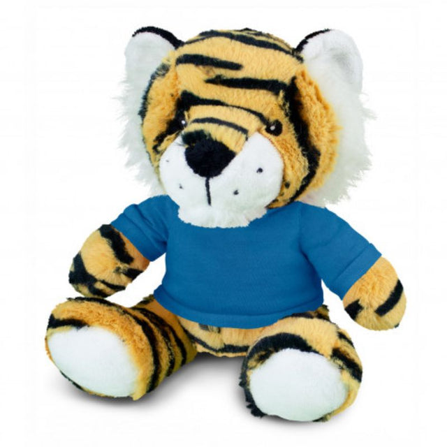 Set of 3 vibrant plush tiger toys in orange, black, and dark blue t-shirts, perfect for cuddling and imaginative play.
