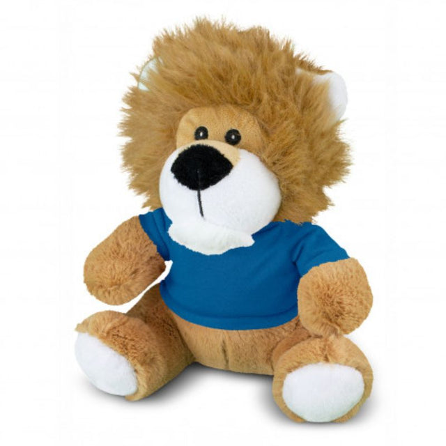 Set of 3 soft light brown and dark blue plush lion toys, featuring cozy t-shirts, perfect for cuddling and playtime.