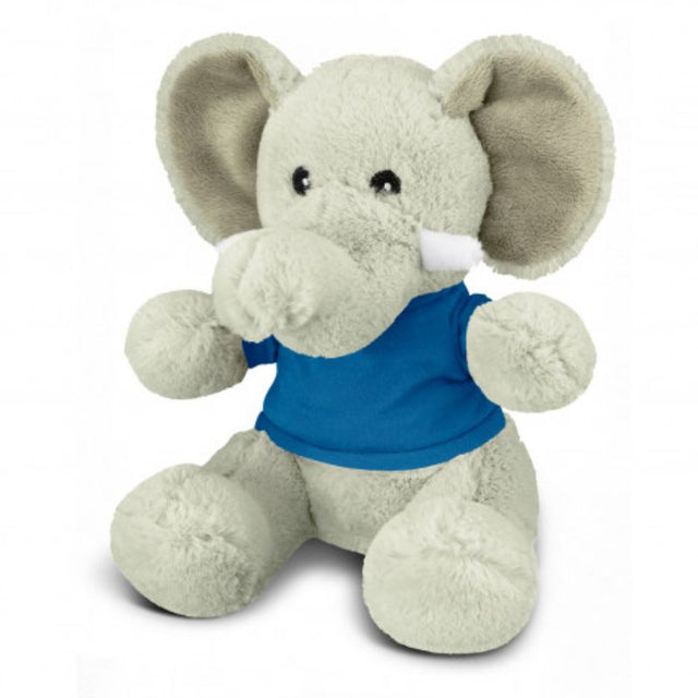 Set of 3 plush elephants in grey and dark blue, perfect for cuddling and imaginative play, measuring 220mm when seated.