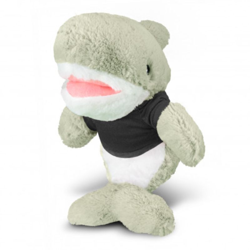 Set of 3 plush sharks in grey, white, and black t-shirts, perfect for cuddling and playful decor in any space.