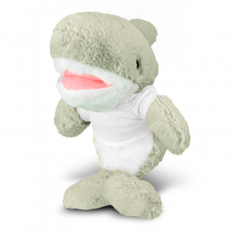 Set of three soft grey and white plush sharks wearing t-shirts, perfect for cuddling and imaginative play.