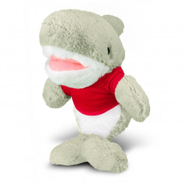 Set of 3 soft shark plush toys in grey and white with red shirts, perfect for cuddling and imaginative play.