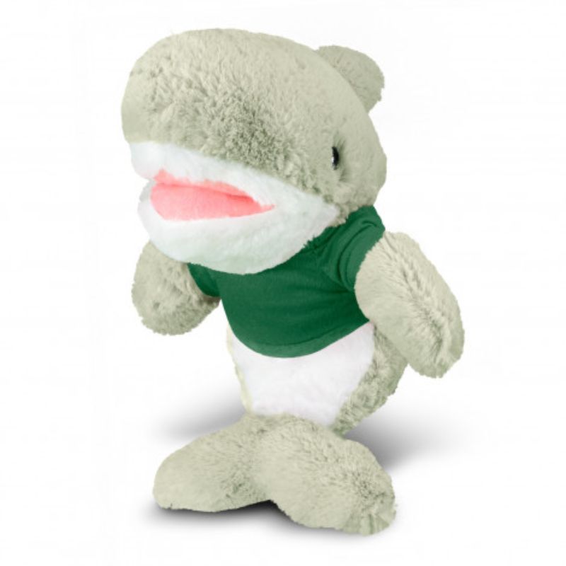 Set of 3 plush shark toys in grey, white, and dark green t-shirts, perfect for playtime or cuddling.