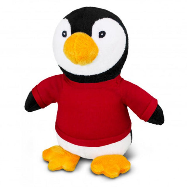 Set of 3 plush penguins in black, white, and vibrant orange and red t-shirts, perfect for cuddling and imaginative play.