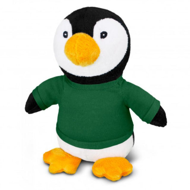 Set of 3 adorable plush penguins in black, white, and orange with cozy dark green t-shirts, perfect for cuddling and decor.