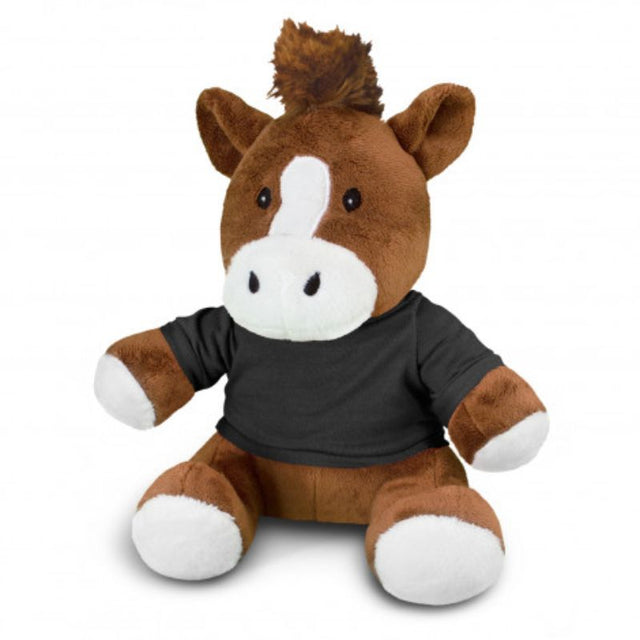 Set of three plush horses in brown and black, standing 240mm tall, perfect for cuddling and imaginative play.