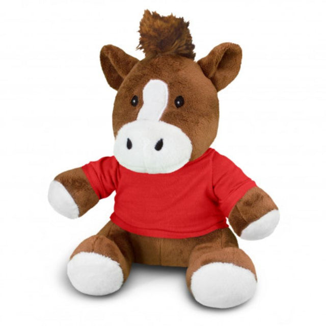 Set of 3 plush horse toys in brown and white with red t-shirts, perfect for snuggling and playtime adventures.