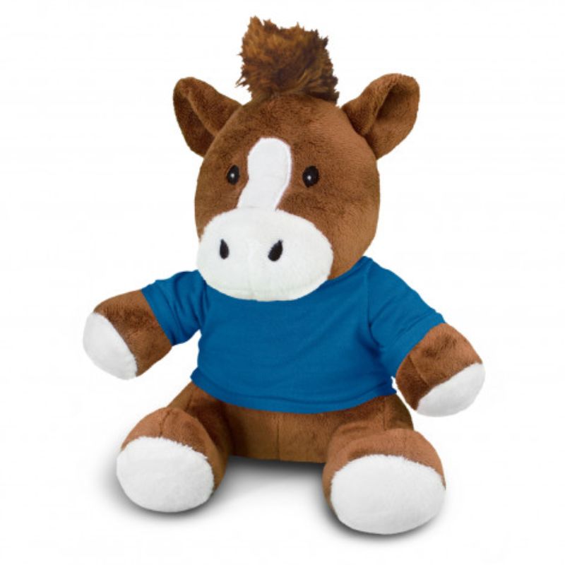 Set of 3 soft brown horse plush toys with dark blue t-shirts, perfect for cuddling and imaginative play for children.