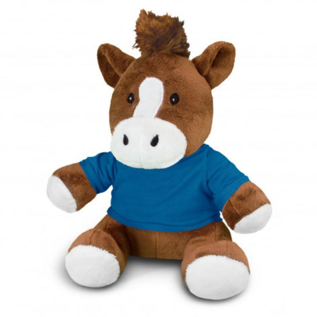 Set of 3 soft brown horse plush toys with dark blue t-shirts, perfect for cuddling and imaginative play for children.