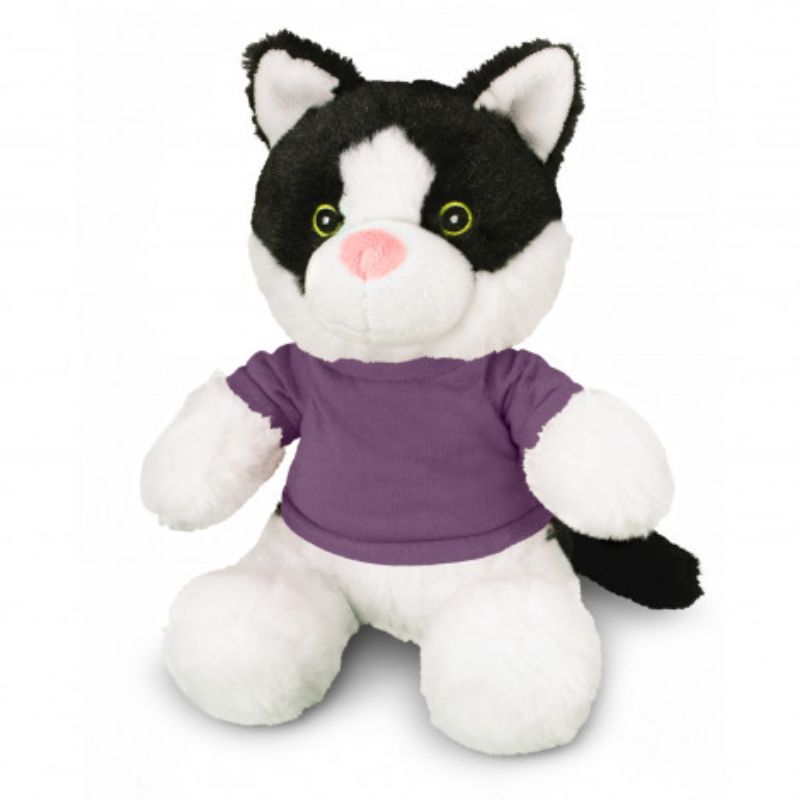 Set of 3 plush black and white cats with purple t-shirts, perfect cuddly companions for kids and adults.
