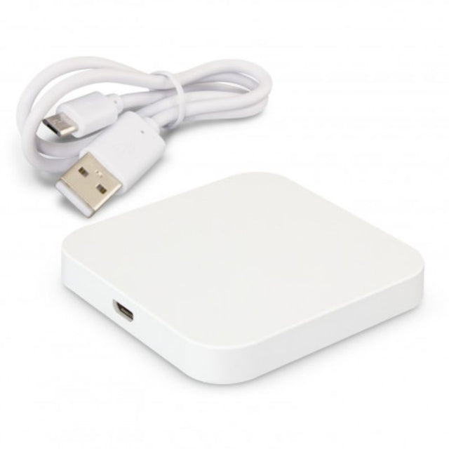 Set of 6 sleek white wireless chargers, 5W, for effortless device charging with a compact design.