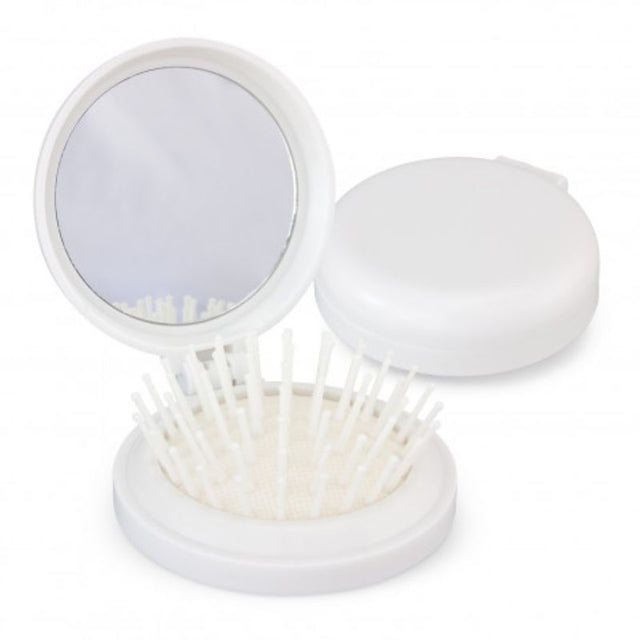 Compact white hairbrush with built-in mirror, foldable design, ideal for travel and everyday touch-ups, set of 12.