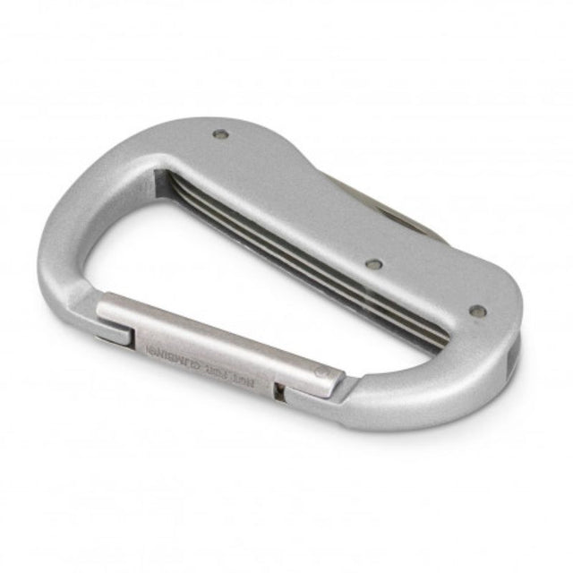 Set of 12 silver carabiner multi-tools with five functions, ideal for outdoor adventures and everyday use.