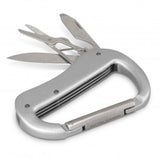 Set of 12 silver carabiner multi-tools with five functions, perfect for outdoor adventures and everyday tasks.