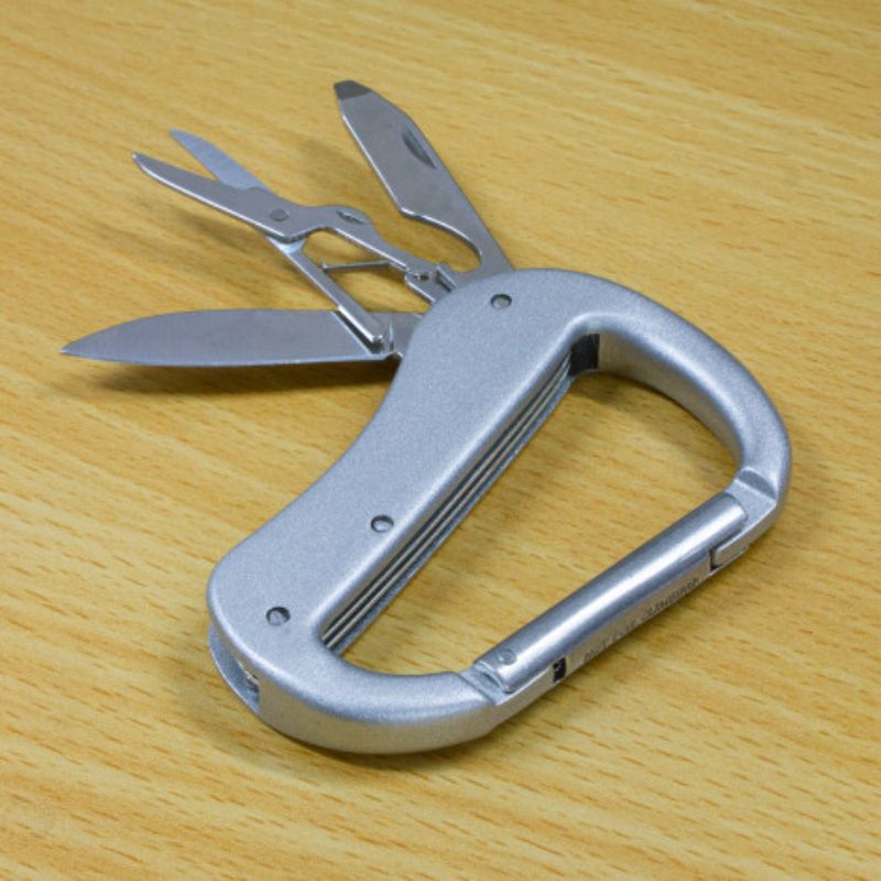 Silver carabiner multi-tool set of 12, featuring five functions for outdoor enthusiasts and adventurers.