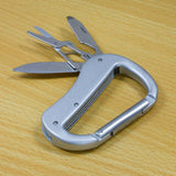 Silver carabiner multi-tool set of 12, featuring five functions for outdoor enthusiasts and adventurers.
