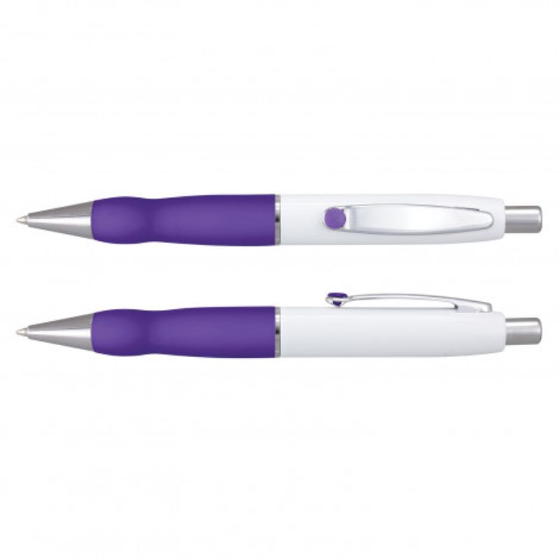 Set of 24 Turbo Barrel pens in white and purple with chrome accents, featuring a soft grip and smooth-flowing ink.