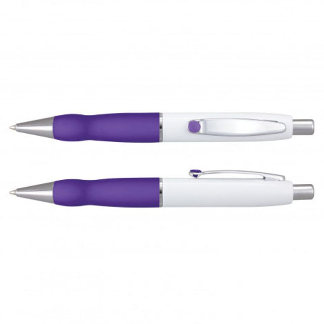Set of 24 Turbo Barrel pens in white and purple with chrome accents, featuring a soft grip and smooth-flowing ink.